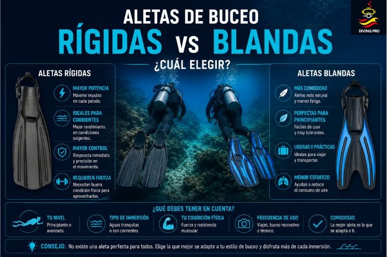 Aletas de buceo rígidas vs blandas: cuál elegir